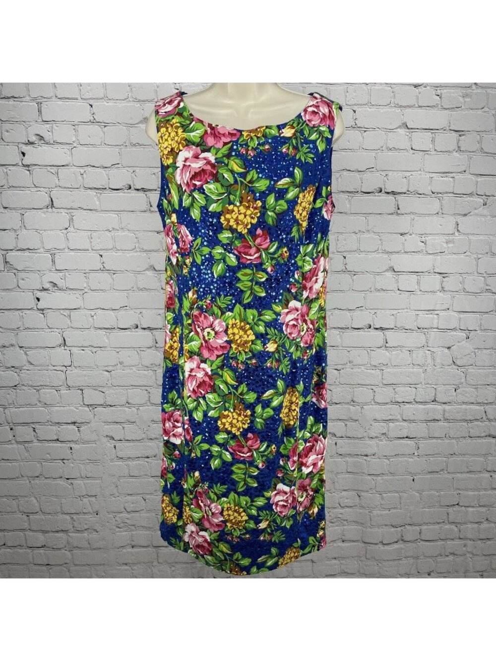 Adrienne Vittadini Blue Floral Cotton Sequin Unlined Zipped Pencil Dress Size 12